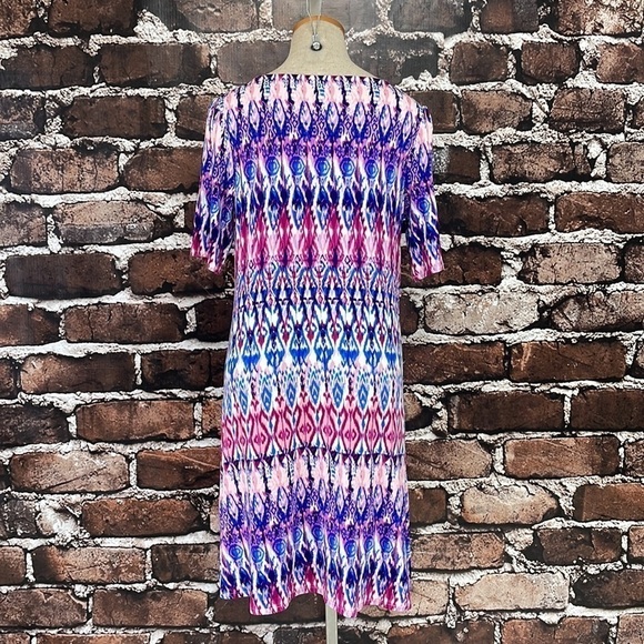 Chico's Dress Purple Pink Ikat Print Short Sleeves Stretchy Size Small 4P - Picture 7 of 12